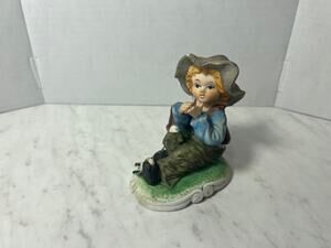 Vintage COTC Ceramic Figurine - Boy with Floppy Hat and Bird - Made in Korea